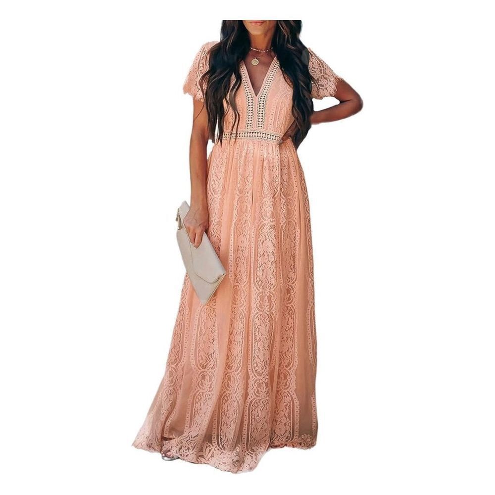 BLENCOT Womens Casual Boho Floral Lace V Neck Long Evening Dress Cocktail Party